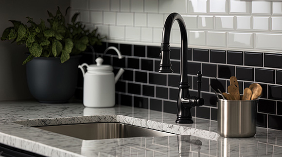 a kitchen countertop with a black and white tiled wall
